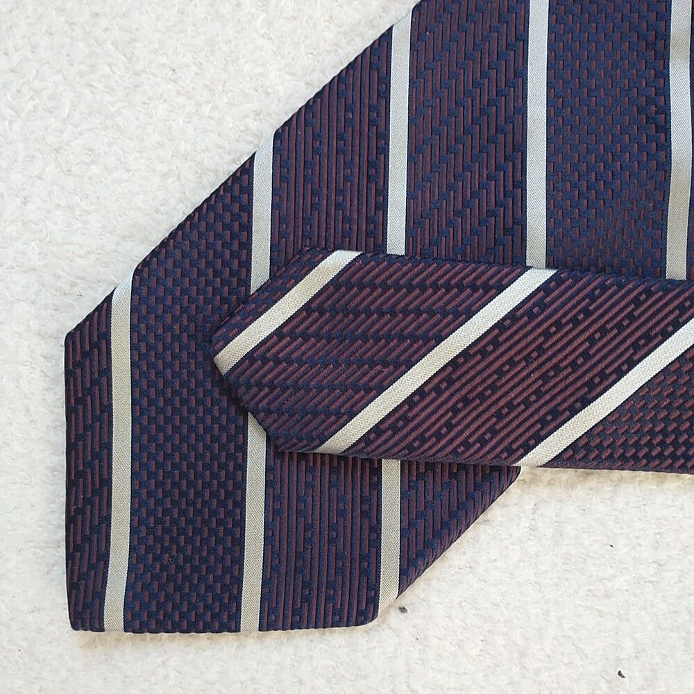 BRIONI Necktie Rep Tie Blue Red Silver Striped Geometric Jacquard Handmade Italy
